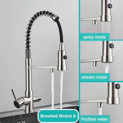 Gray Filtered Kitchen Faucet Dual Spout Hot Cold Mixer Purification Water Crane Filter Water Faucet Deck Mount