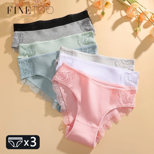 FINETOO 3Pcs/set Women Cotton Panties M-2XL Low-Rise Underwear Trendy Patchwork Lace Briefs Female Soft Underpants Lingerie 2022.