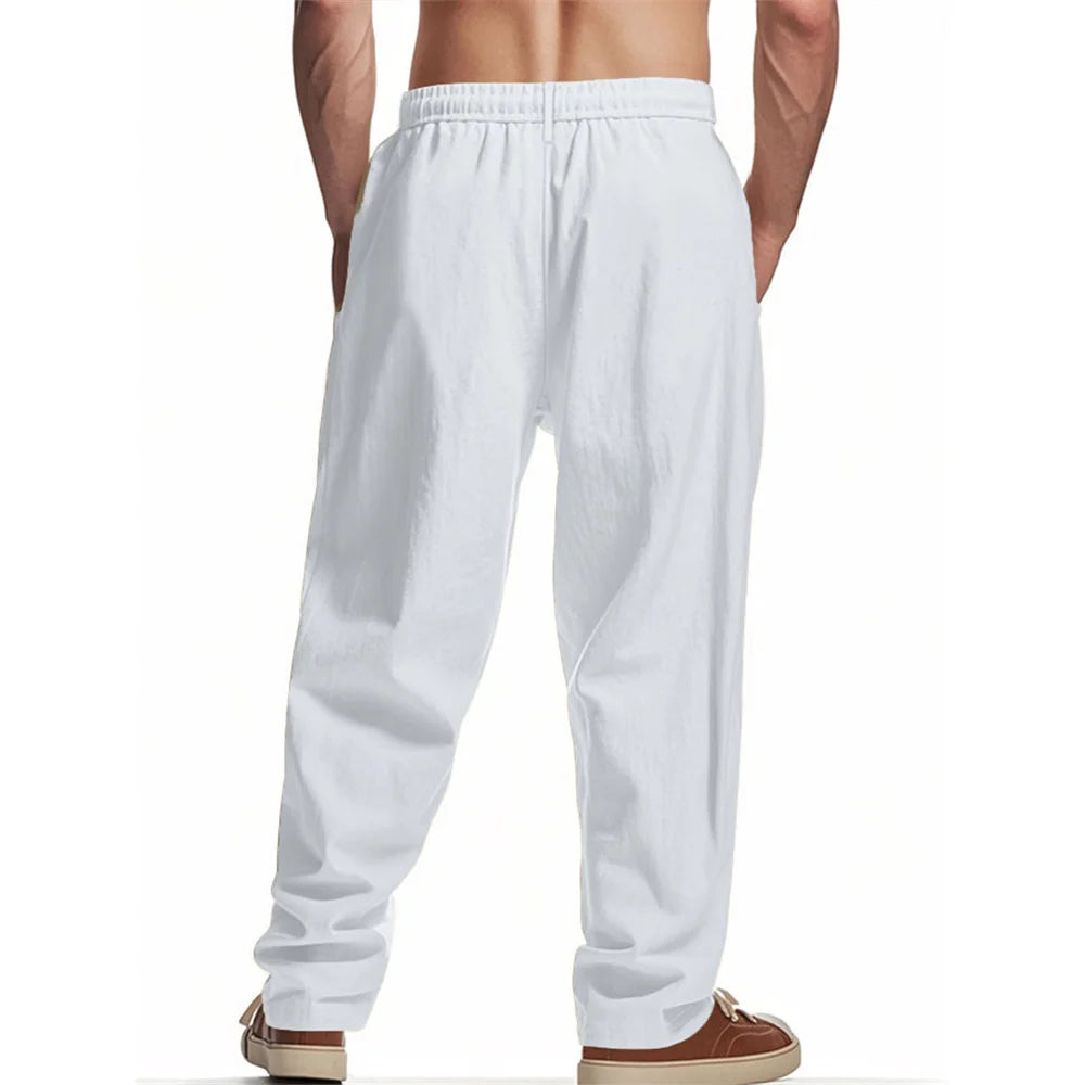 Autumn New Men's Cotton Pants Solid Color Button Drawstring Design Casual Loose Fit Cozy Trousers Simple Style Long Pants.
