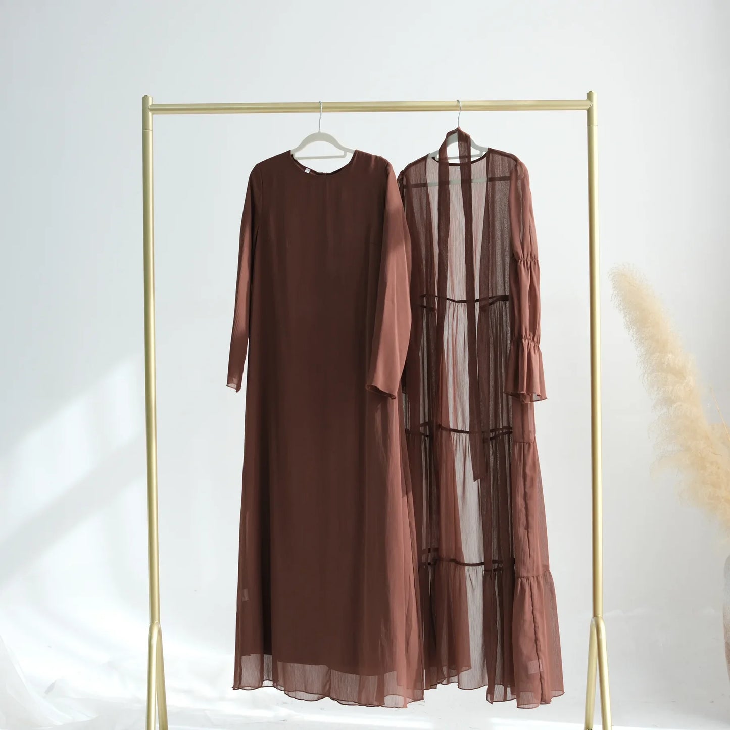 Chiffon Sheer Open Abaya Set Hijabi Muslim Women Party Ramadan Islamic Clothing  Dubai Turkey Kaftan Crepe Kimono Open Abayas