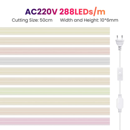 220V COB LED Light Strip Waterproof With EU Plug Red/Blue/Pink/Green Home Outdoor Garden Lighting Flex Silicone Tube Neon Lamp