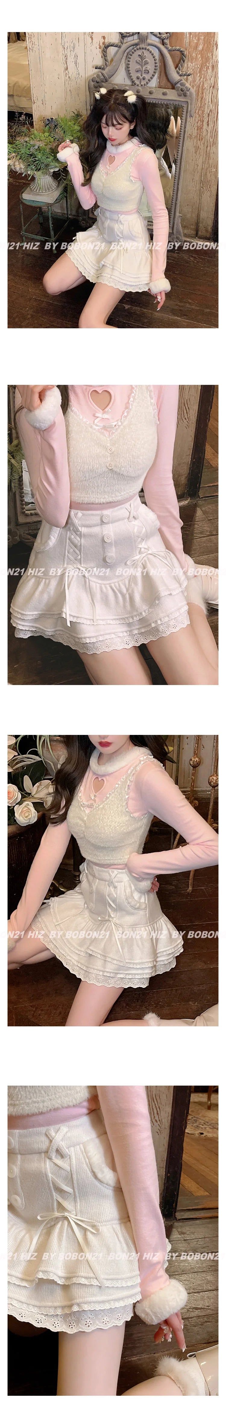 Japanese lolita kawaii clothes pink mini skirt with shorts Lace High Waist korean style women 2025 new fall White skirt fluffy.