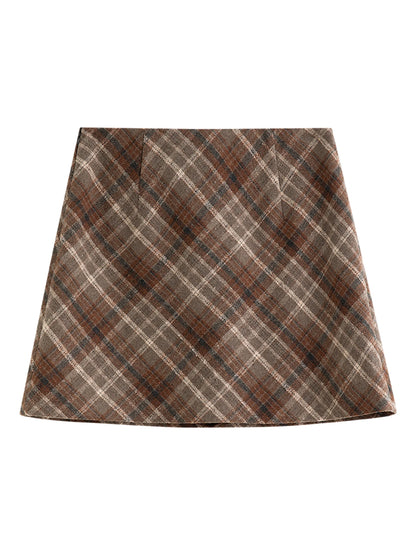 FSLE Autumn Party Skirt High Waist Retro Plaid Knit WoolShort Skirt For Women 2025 Fall Winter New Arrival Y2K Mini A-line Skirt
