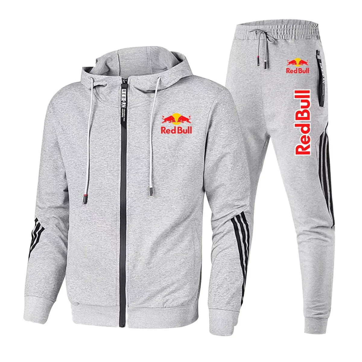 2025 Red Bull Brand Logo Printed Men's Zipper Hoodie With Casual Trousers Cycling Sports Two-piece Solid Color Simple Men's Suit.