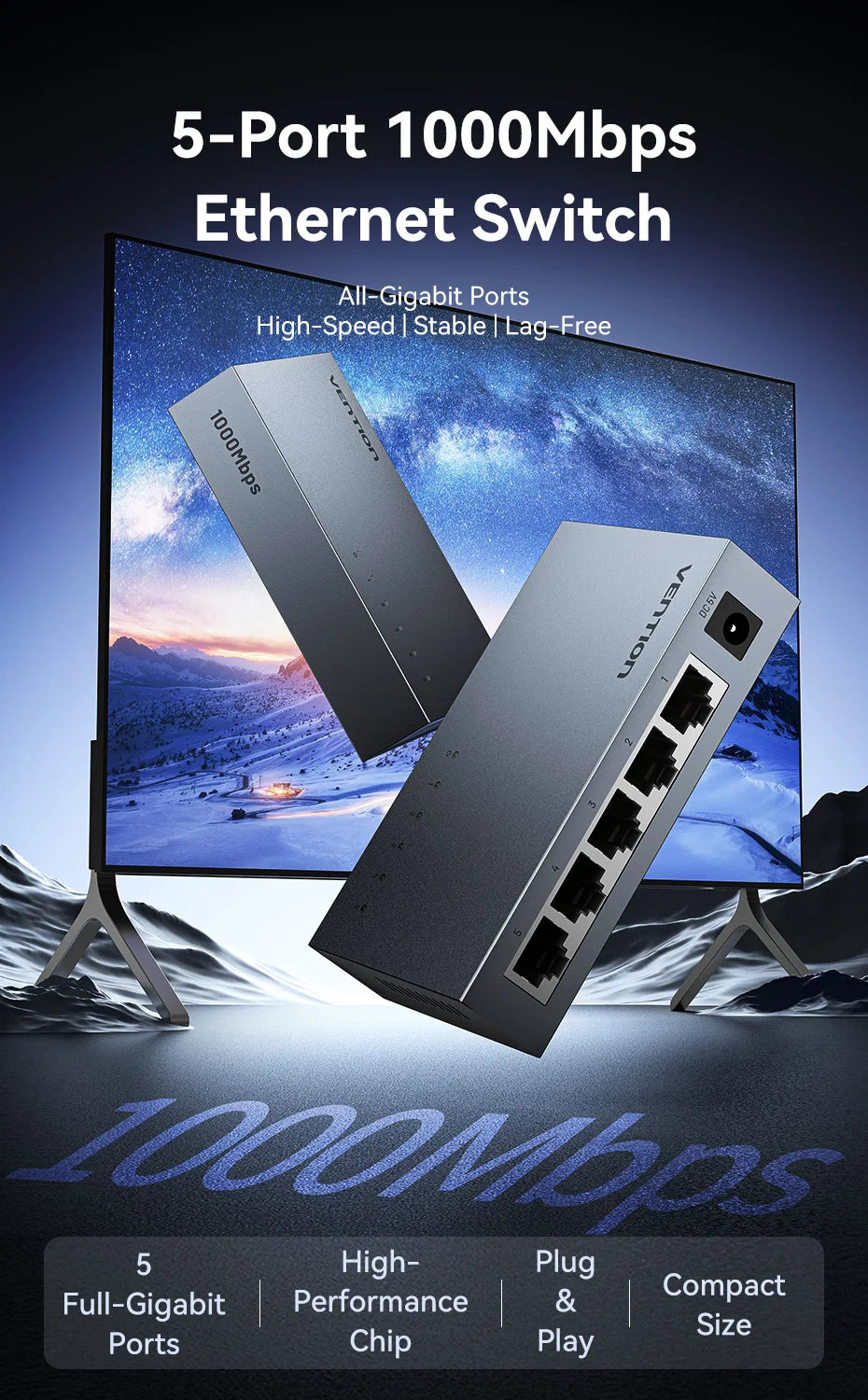 Vention 1000Mbps Gigabit Network Switch Expansion 5 Ports RJ45 Ethernet Switch Splitter Adapter for Router Lan Hub Plug and Play.