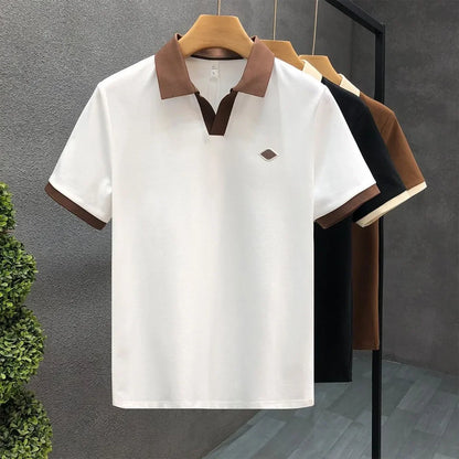 Men's Casual Polo Shirt Collared Short Sleeve Pique Cotton Breathable V-Neck Color Block Half Sleeve Summer Loose Top.
