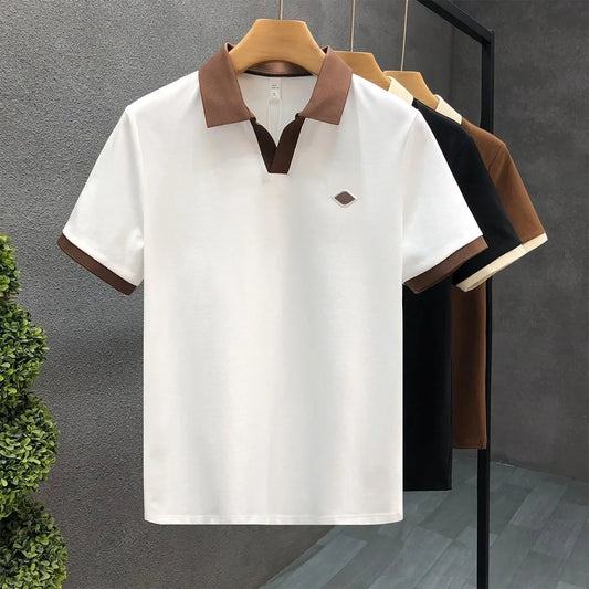 Men's Casual Polo Shirt Collared Short Sleeve Pique Cotton Breathable V-Neck Color Block Half Sleeve Summer Loose Top.