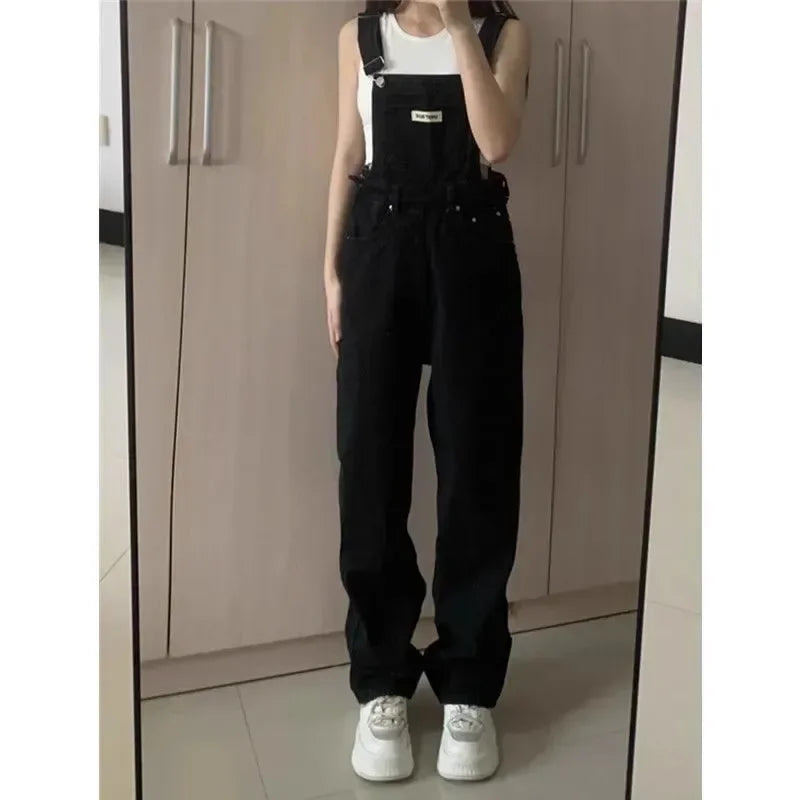 High Waist Wide Leg Jumpsuit Jeans Thin Strap Pants Korean Style Winter New Women's Loose Fit Trousers by None( AE Stock).
