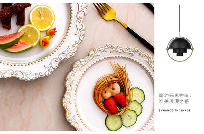 French Baroque Retro Relief Court Style Ceramic Dinner Plate European Tableware Western Food Plate Soup Plate Bowl Set.