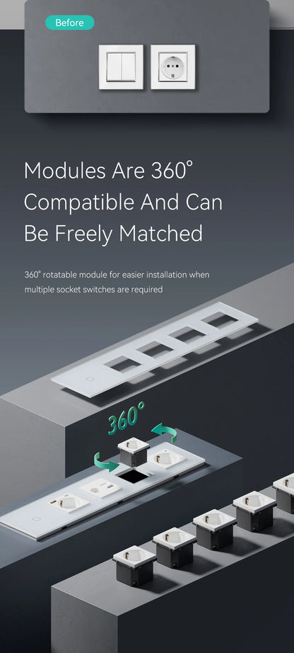 BSEED 1/2/3Gang Touch Licht Schalter 1Way Einfache Sensor Schalter Typ-c USB Steckdosen EU Standard glas Panel Blaue Hintergrundbeleuchtung 10A Weiß.