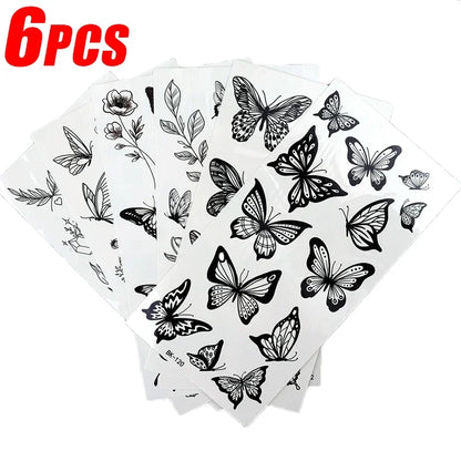 1/6pcs Black Butterfly Fake Tattoo Waterproof Temporary Tattoo Stickers Leg Arm Hand Foot Body Arts Magic Flower Texture Sticker