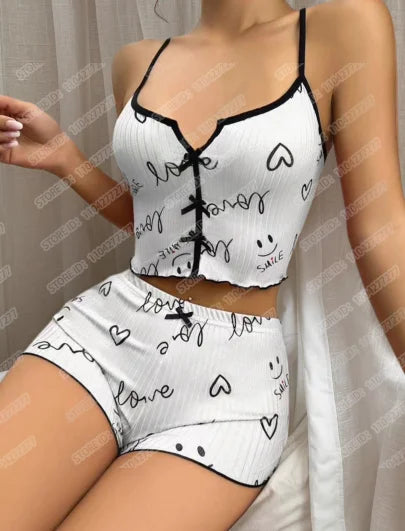 Frauen Sexy Nachtwäsche Pyjamas Set Herz Druck Seide Fleck V-ausschnitt Ärmellose Sexy Dessous Casual Cami und Shorts Sets Loungewear.