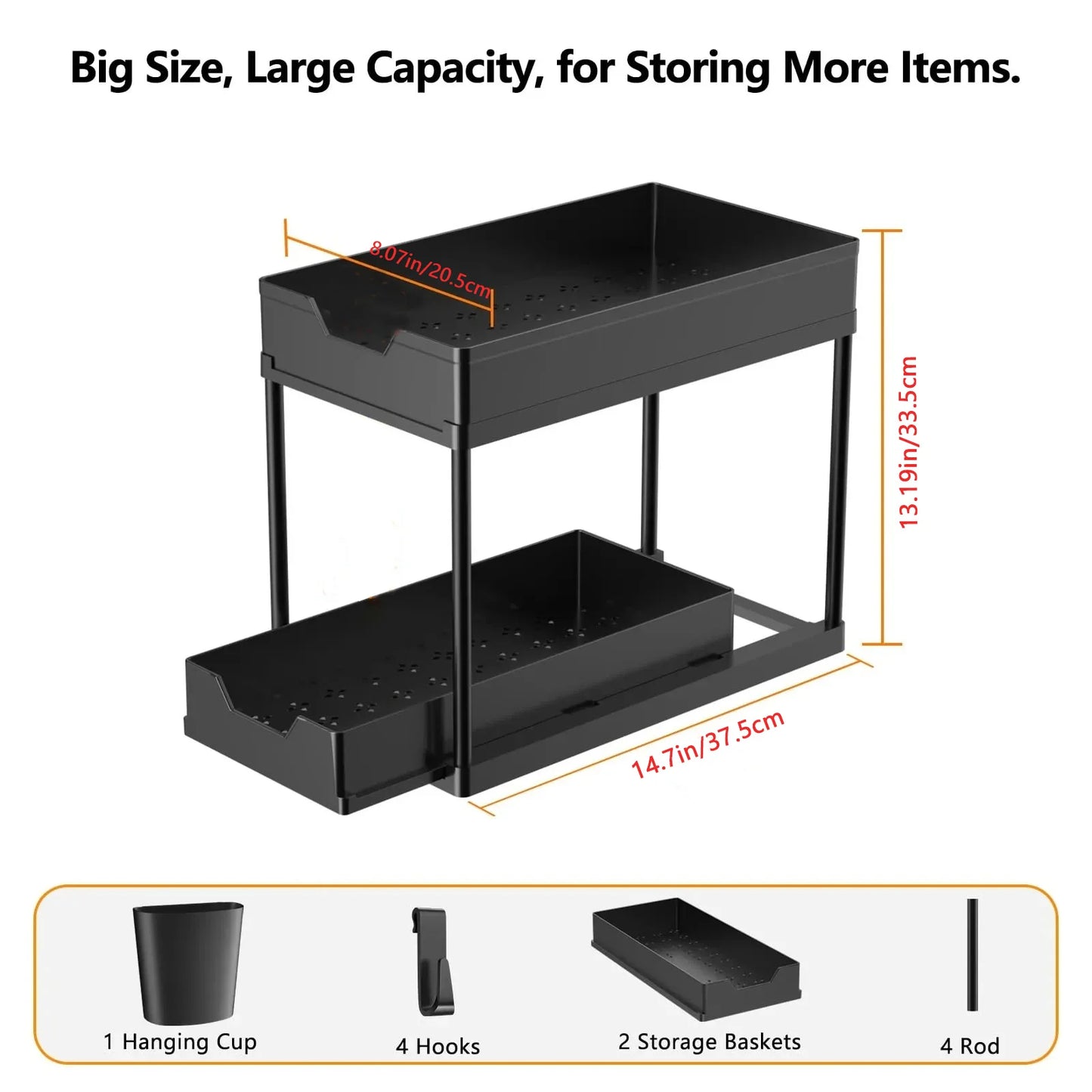 2 Tier Under Sink Organizer Sliding Cabinet Basket Organizer Storage Rack with Hooks Hanging Cup Bathroom Kitchen Organizer