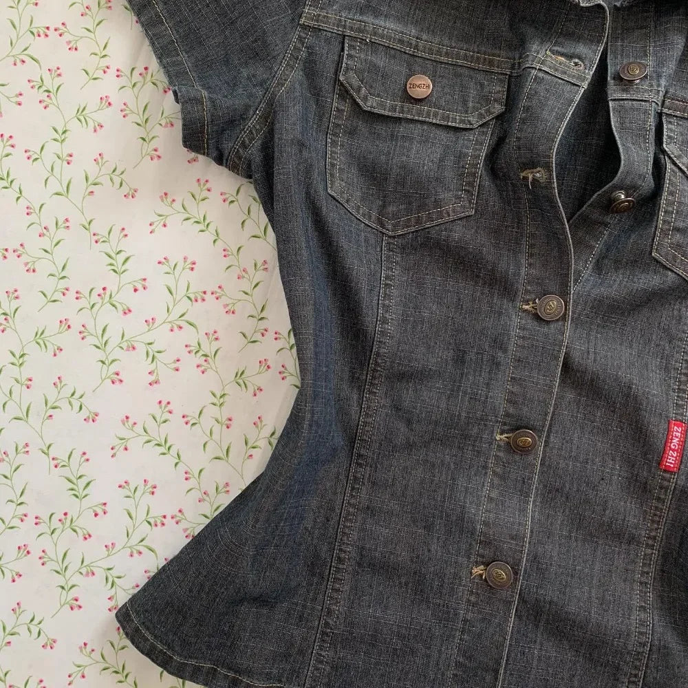 2025 Street European and American Sexy Oversized Denim Shirt Casual High Street Striped Button Top Y2k New Punk Clothing Women.