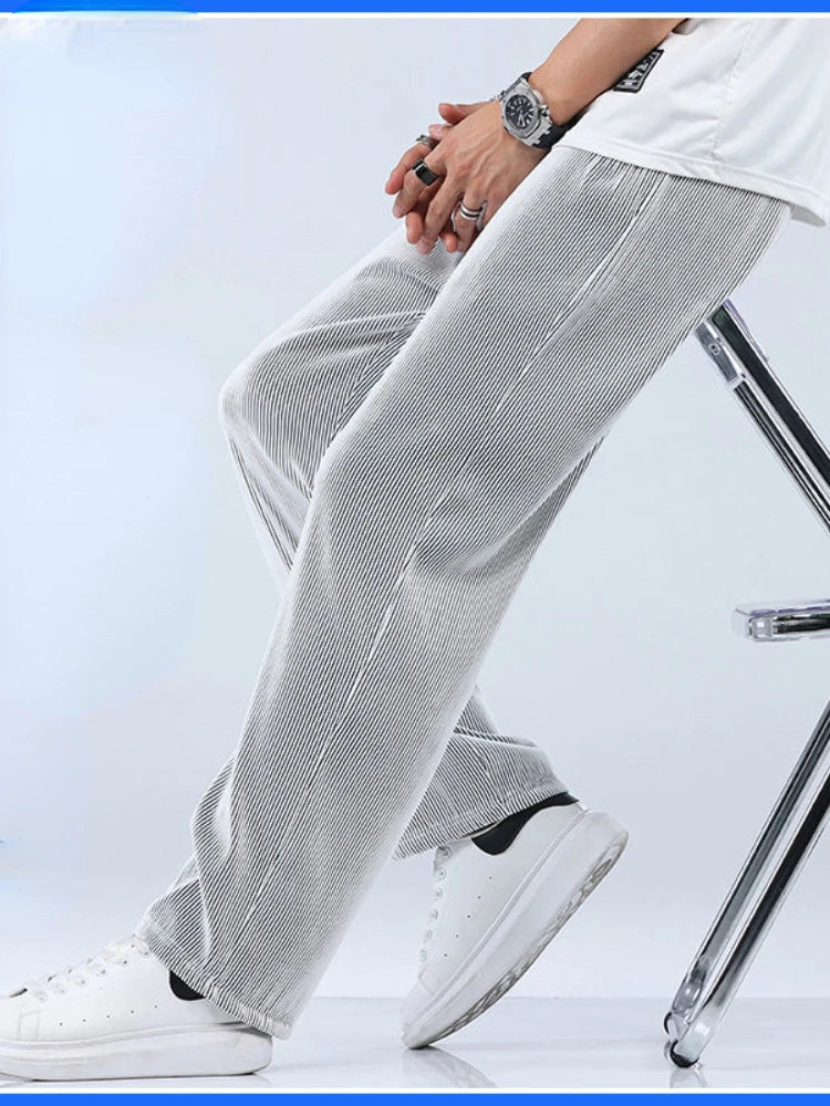 Summer Straight Pants Men's Loose Thin Section Drape Ice Silk Pants Wide Leg Sports Pants Casual Pants Fits 100kg.