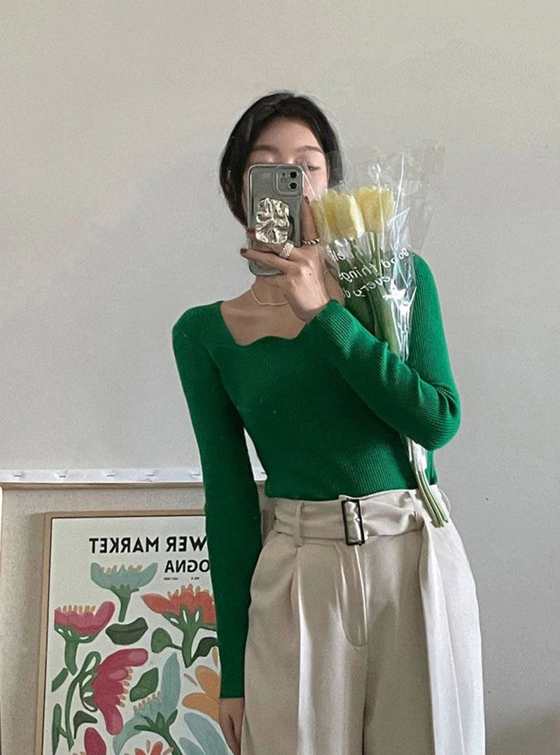 Gestrickte Pullover Frauen Vintage Solide Pullover Herbst Winter Koreanische Elegante Dünne Strickwaren Quadrat Kragen Alle Spiel Jumper Neue.