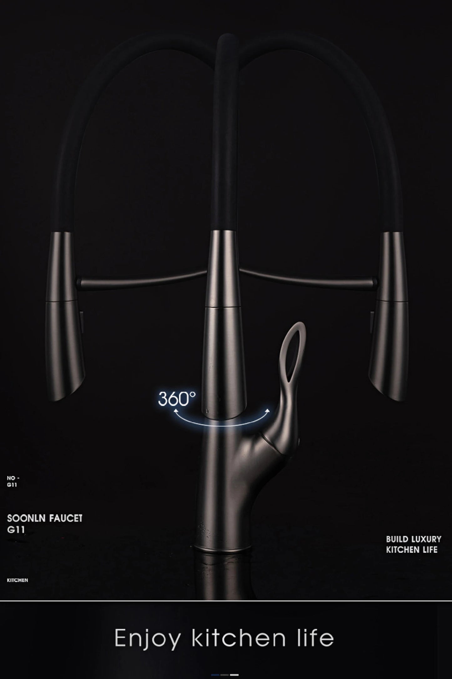 Luxuriöser Küchenarmatur aus grauem Messing in Gun-Grau mit intelligentem Touch-Design. Einhebelmischer für heißes und kaltes Wasser mit magnetischer Saugkraft