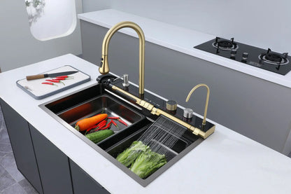 Golden Household Stainless Steel Waterfall Kitchen Sink MultiFunction Wash Vegetable and Dish Countertop Basin Large Single Slot