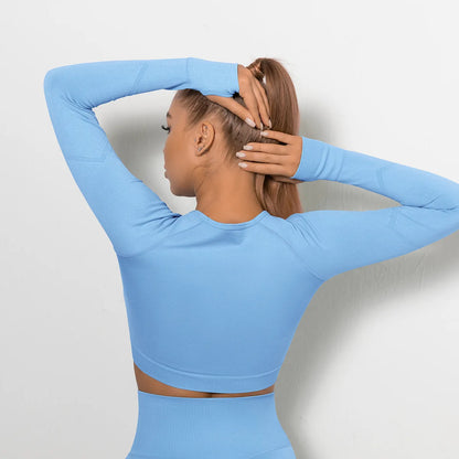 Solid Color Sexy Seamless Yoga Long Sleeves for Woman Slim Casual Sports Running Gym Workout Top Quick Drying Fitness Top.