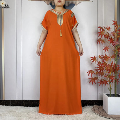 New Muslim Abayas Summer Short Sleeve African Dashiki Tassels Cotton Loose Caftan Lady Maxi Islam Casual Dresses With Headscarf.