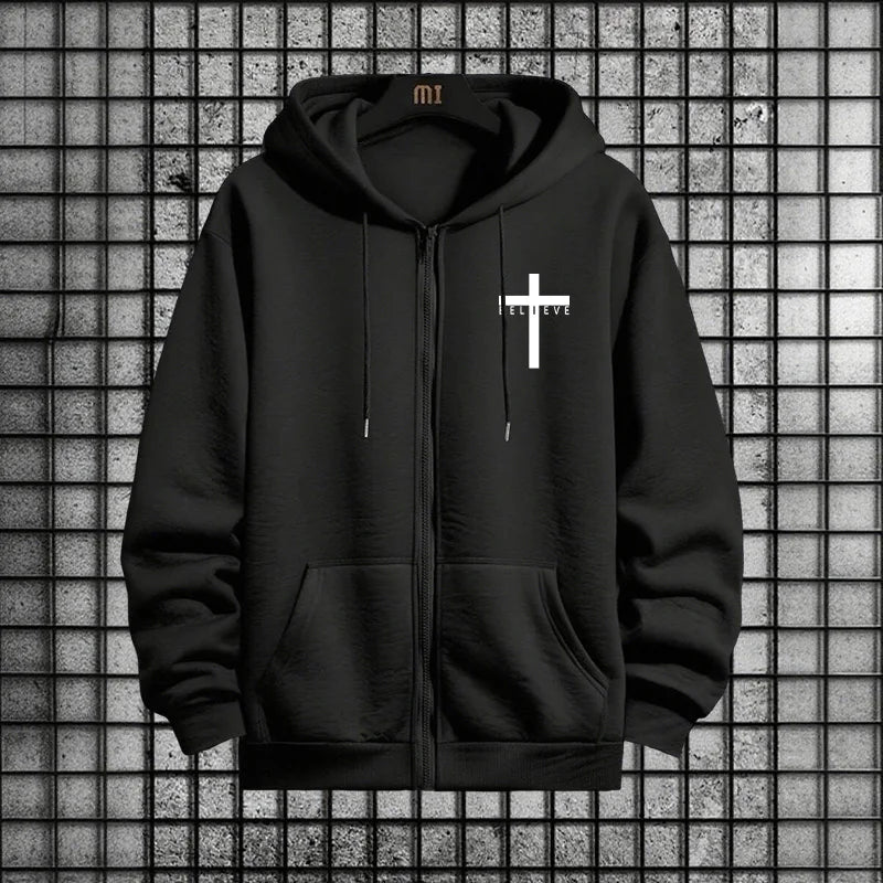 Cross of Christ Mens Hip Hop Tracksuit Set 2025 New 2 Piece Outfit Zipper Hoodie Joggers Urban Streetwear Autumn Winter Fashion.