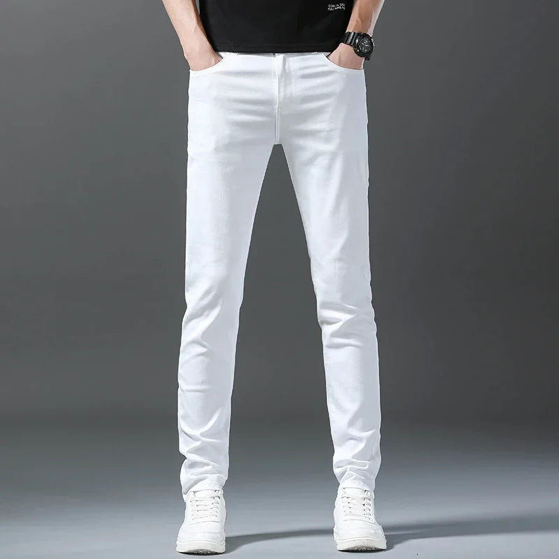 2025 Spring Summer New 98%Cotton Men's Slim Jeans Straight Casual Fashion Pencil Pants High Quality Trousers Male Clothes White.