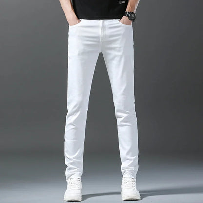 2025 Spring Summer New 98%Cotton Men's Slim Jeans Straight Casual Fashion Pencil Pants High Quality Trousers Male Clothes White.