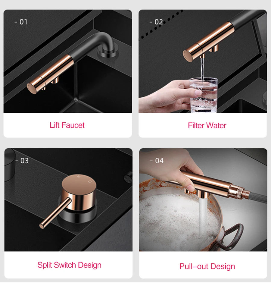 Nanometer Black Hidden kitchen Sink SUS 304 Stainless Steel 4mm Thickness Flip Cover Hidden Handmade kitchen Sinks