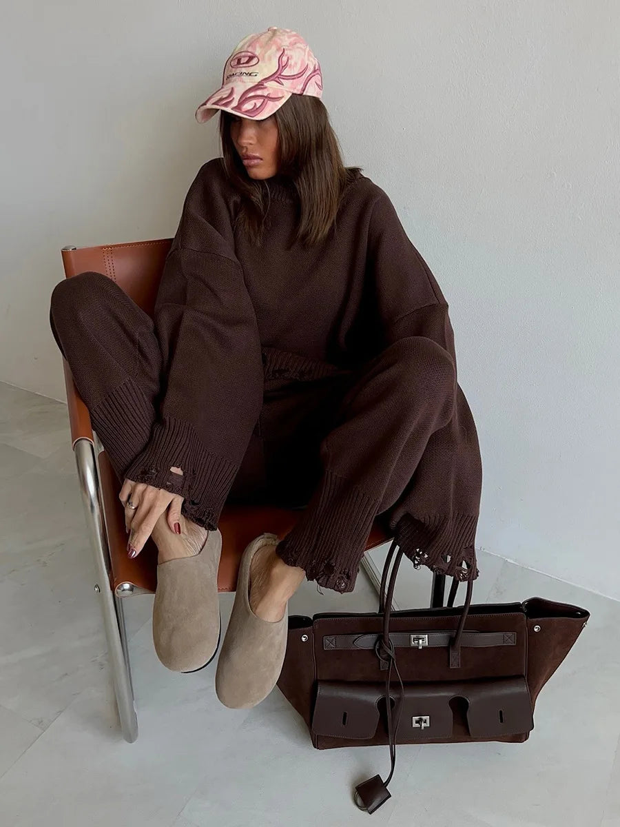 Bornladies Autumn Winter Women's New Turtleneck Knit Sweater Skinny Knit Pants Set Soft Oversized Ripped Hem Fashion Pullover