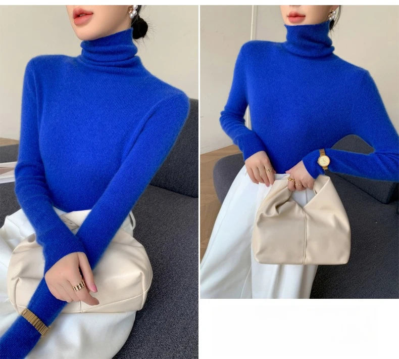 2025 herbst Winter Rollkragen Warme Jumper Lässig Feste Dünne Strickjacke Frauen Langarm Gestrickte Pullover Einfache Basis Schicht Top.