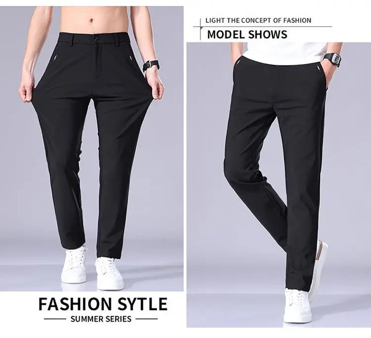 Ultra-thin Elastic Men's Casual Trousers Summer Quick-drying Ice Silk Slim Straight Business Solid Color Trousers Black Gray.
