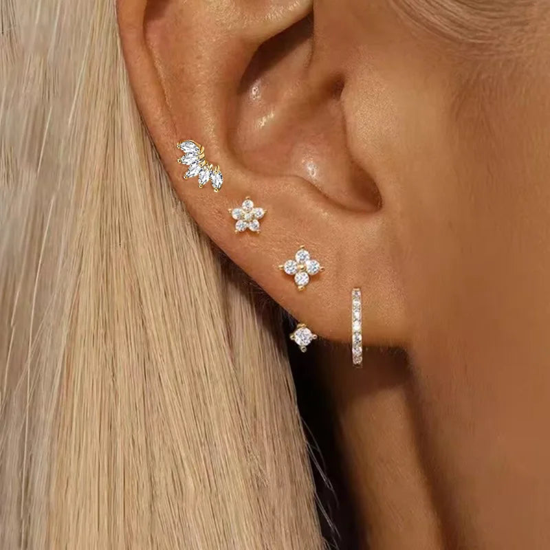 4PCS Fashion Zircon Round Hoop Earring Set Women Temperament Flower Ear Stud Huggie Earring Tragus Piercing Cartilage Jewelry.