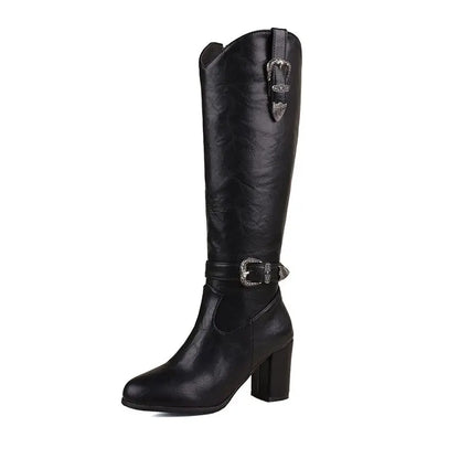 Girseaby British Style Women Knee High Boots Round Toe Block Heel 7.5cm Zipper Plus Size 51 52 Fashion Riding Bota