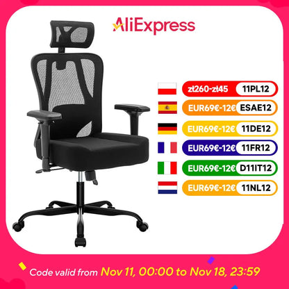 WOTSTA Ergonomischer Bürostuhl mit atmungsaktiver Rückenlehne und verstellbaren Kopfstützen-Armlehnen, gepolstertem Sitz, ideal für Arbeit und Studium