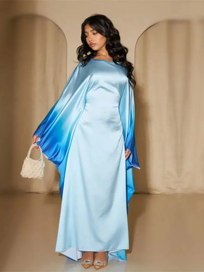 Gradient Color Shiny Batwing Satin Maxi Abaya Dubai Luxury 2024 Abayas For Women Muslim Kaftan Dress Islam Caftan Marocain Femme.