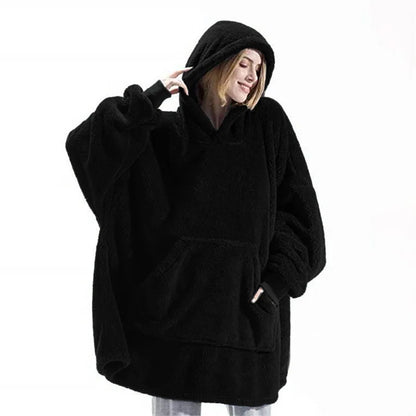 Women Winter Thick Warm Hooded Outerwear Solid Elegant Soft Double Fleece Jacket Unisex Pocket Pullover Long Hoodies Home Wear.
