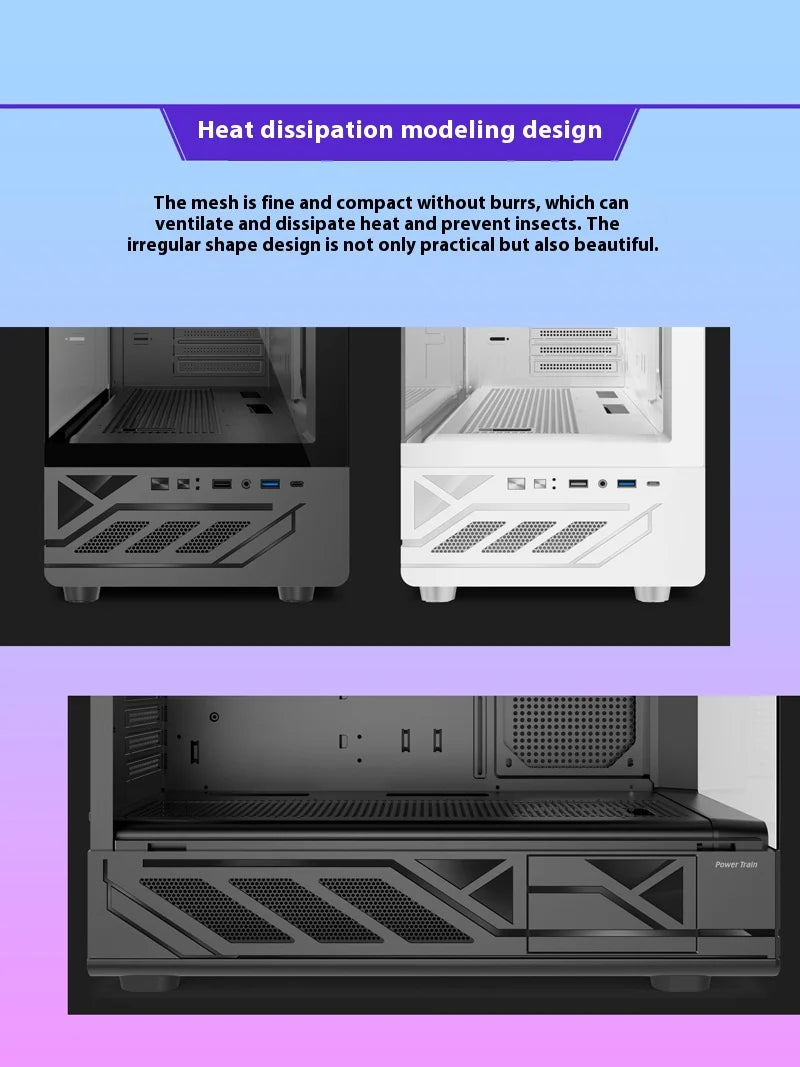 Power Train N5 MATX desktop room with a column-free sea view features a glass side computer case supports 360 water cooling.