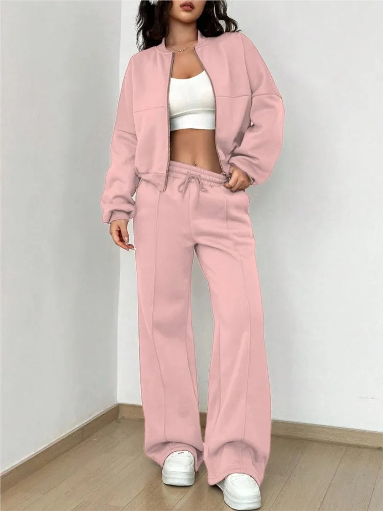 Autumn Winter New Cardigan Zipper Slim Two-piece Sets Women Casual Jakcet Coats Wide Leg Pant Set Fashion Female Clothing Suit.