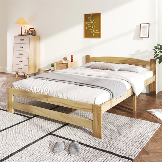 Solide Massivholzbett 140x200 cm, Futonbett, Doppelbett mit Kopfteil und Lattenroste, Jugendbett, Natur, ohne Matratze
