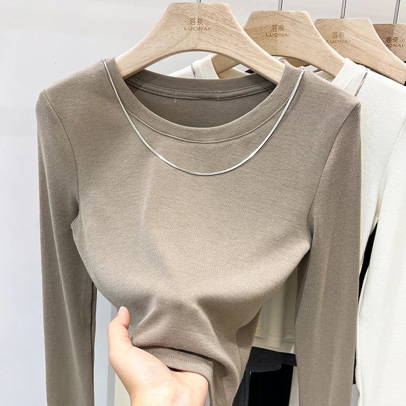 Women Trendy Chain Link Autumn Fashion Slim Fit Cropped T-shirts 2025 Long Sleeve T-shirt Solid Simple Base Layer Crop Tops.