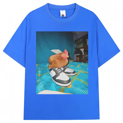 Funny Dripped Out Chicken Meme Print T-shirts Humor Chicken with Shoes Men Women T Shirt Creativity Popular Loose Cotton T-shirt