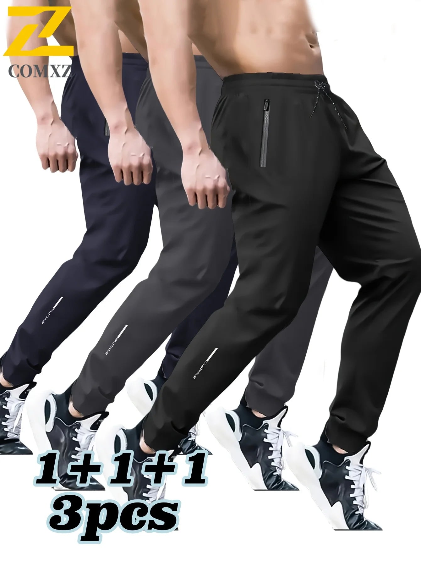 3 Pack Mens Jogger Pants Zipper Ankle Cuff Slim Fit Stretch Casual Running Lounge Sweatpants Trousers for Gym Workout Training.