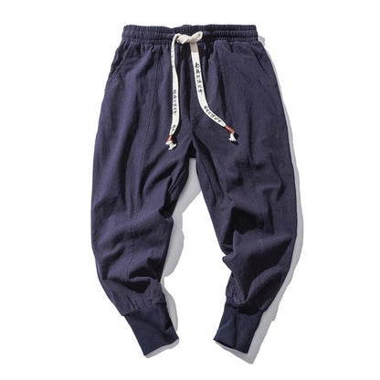 Cotton Linen Harem Pants Men Solid Elastic Waist Streetwear Joggers New Baggy Drop-crotch Pants Casual Trousers Men.