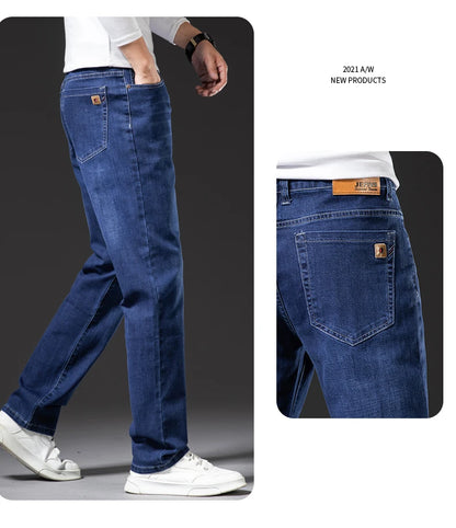 Große Größe 40, 42, 44, 46, lockere, gerade Jeans für Herren, Herbst, neue Business-Casual-Stretchhose, klassische blaue Denim-Hose für Herren.