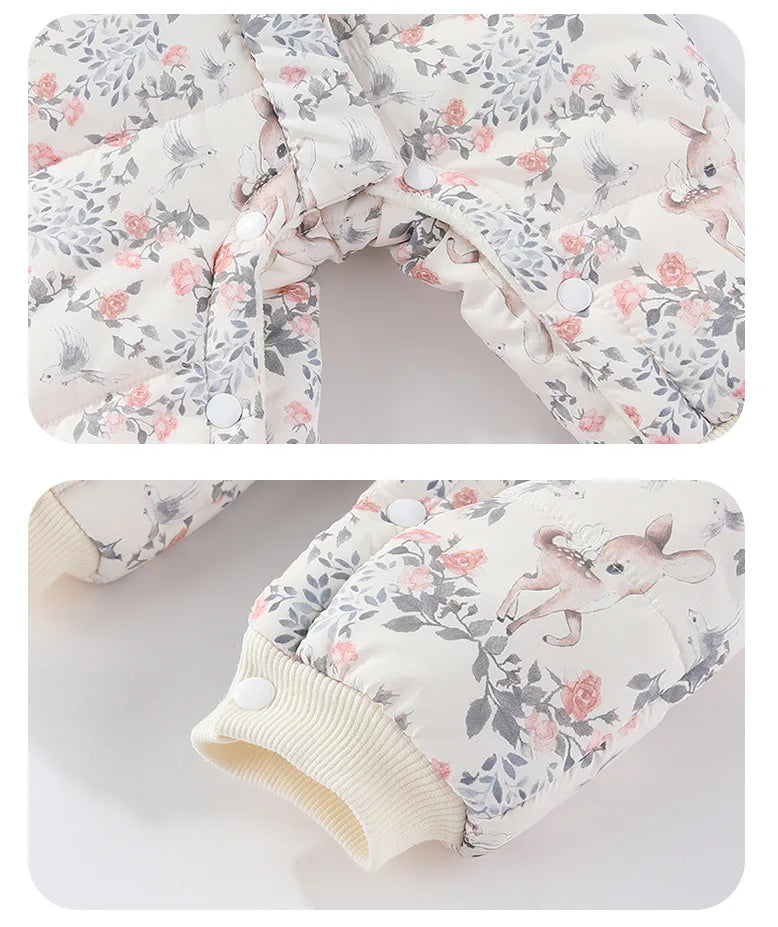 Body für Neugeborene und Mädchen, verdickter, wasserdichter, bedruckter Schneeanzug, 0–24 Monate, Kleinkind-Jungen-Overall mit Kapuze, warmes Winter-Einteiler-Outfit.