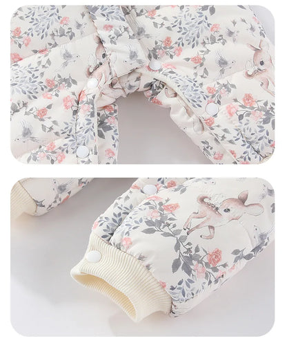 Body für Neugeborene und Mädchen, verdickter, wasserdichter, bedruckter Schneeanzug, 0–24 Monate, Kleinkind-Jungen-Overall mit Kapuze, warmes Winter-Einteiler-Outfit.