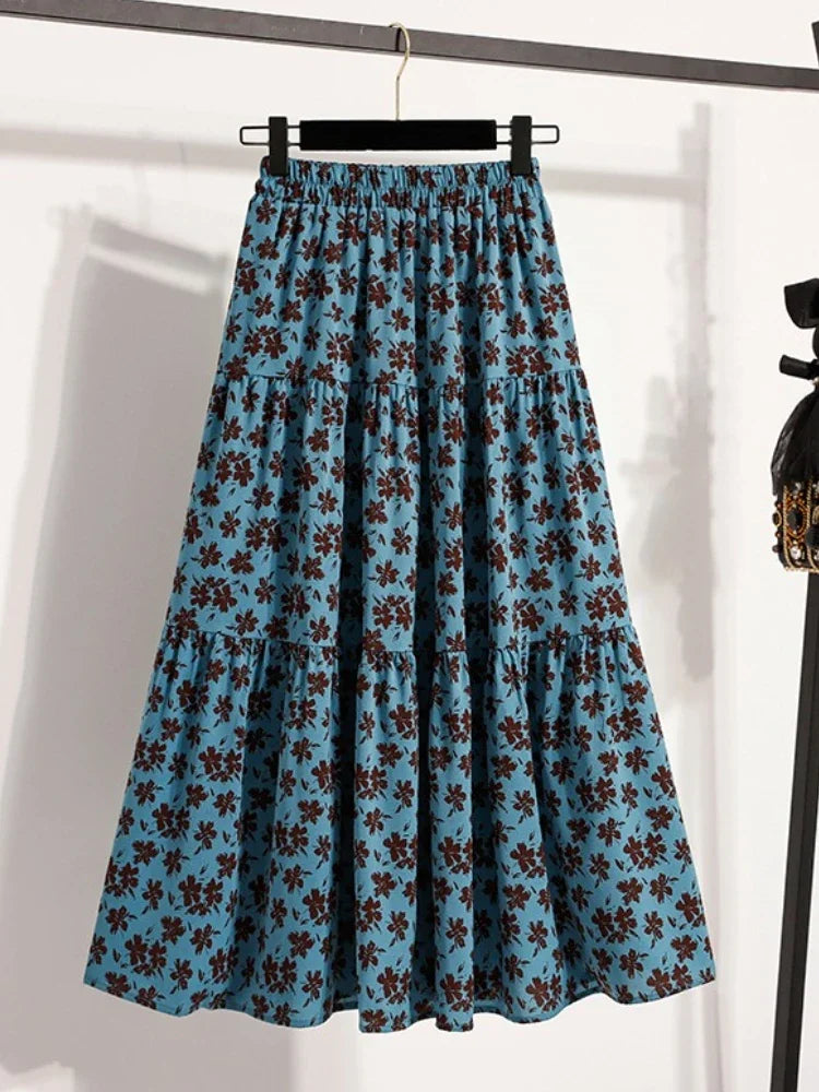 2025 Vintage Draped Elegant Chinese Style Women's Half-length Skirts Autumn Floral Pleated A- Line Skirt With Lining.