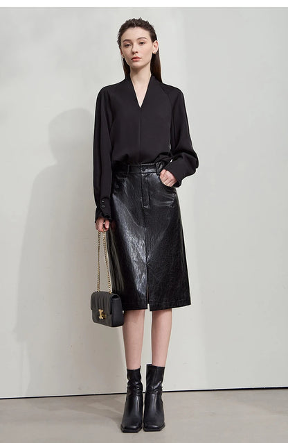 AMII Minimalist PU Leather Skirt For Women 2025 American Retro Knee-Length Skirt Solid Basics Business Women's Clothing 12553014