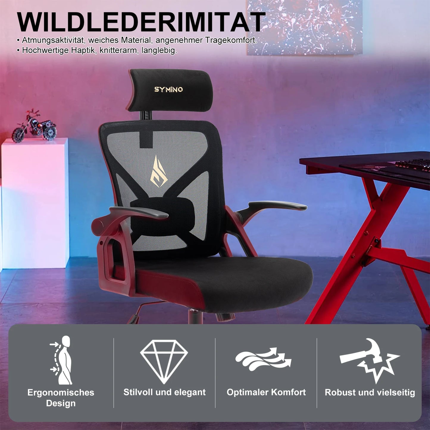 SYMINO Bürostuhl mit verstellbarer Kopfstütze, Armlehnen, Lordosenstütze, ergonomischer Bürostuhl, drehbarer Wippfunktion