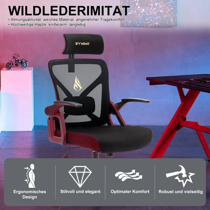 SYMINO Bürostuhl mit verstellbarer Kopfstütze, Armlehnen, Lordosenstütze, ergonomischer Bürostuhl, drehbarer Wippfunktion